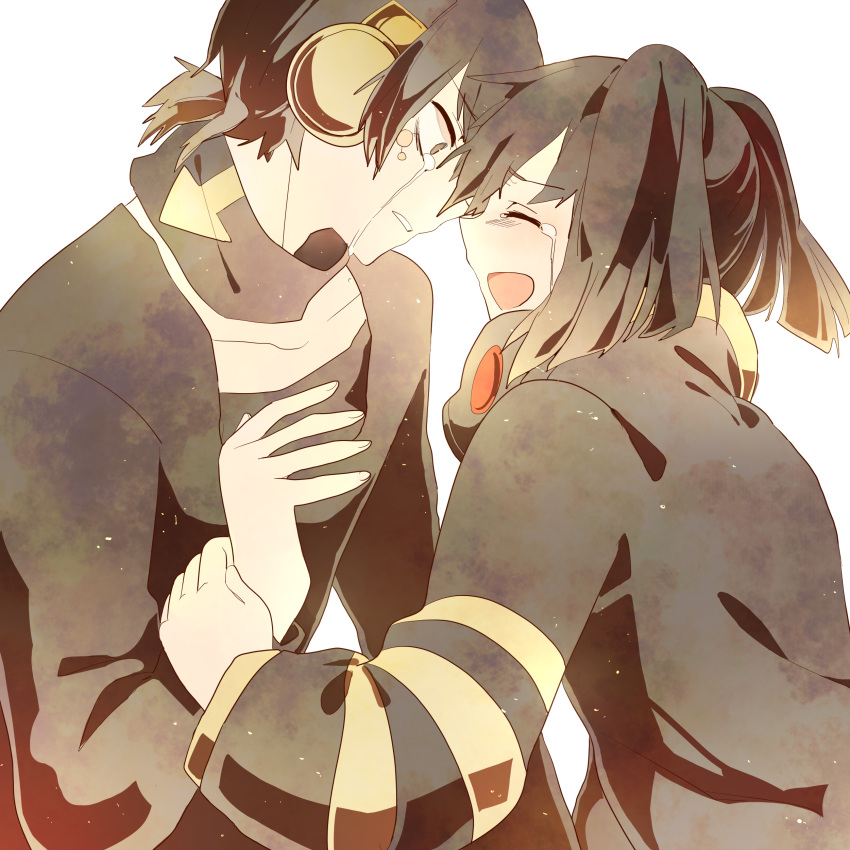 1boy, 1girl, absurdres, black_hair, ene_(kagerou_project), headphones, highres, hoodie