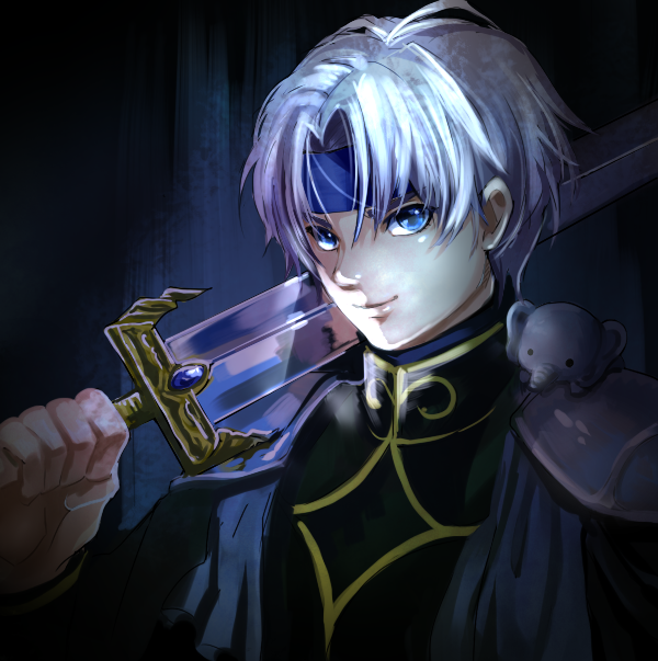 1boy, 9tt6, blue_eyes, cape, headband, madou_monogatari, male, over_shoulder