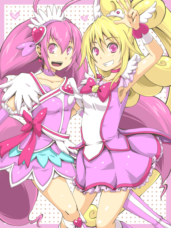 2girls, :d, aida_mana, antenna_hair, asymmetrical_clothes, bike_shorts, blonde_hair, boots