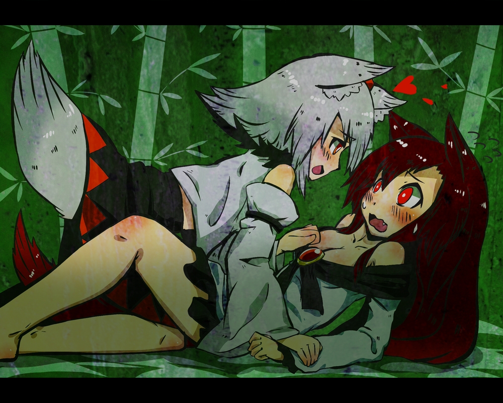 2girls, all_fours, animal_ears, bamboo, blush, breasts, cleavage, fang