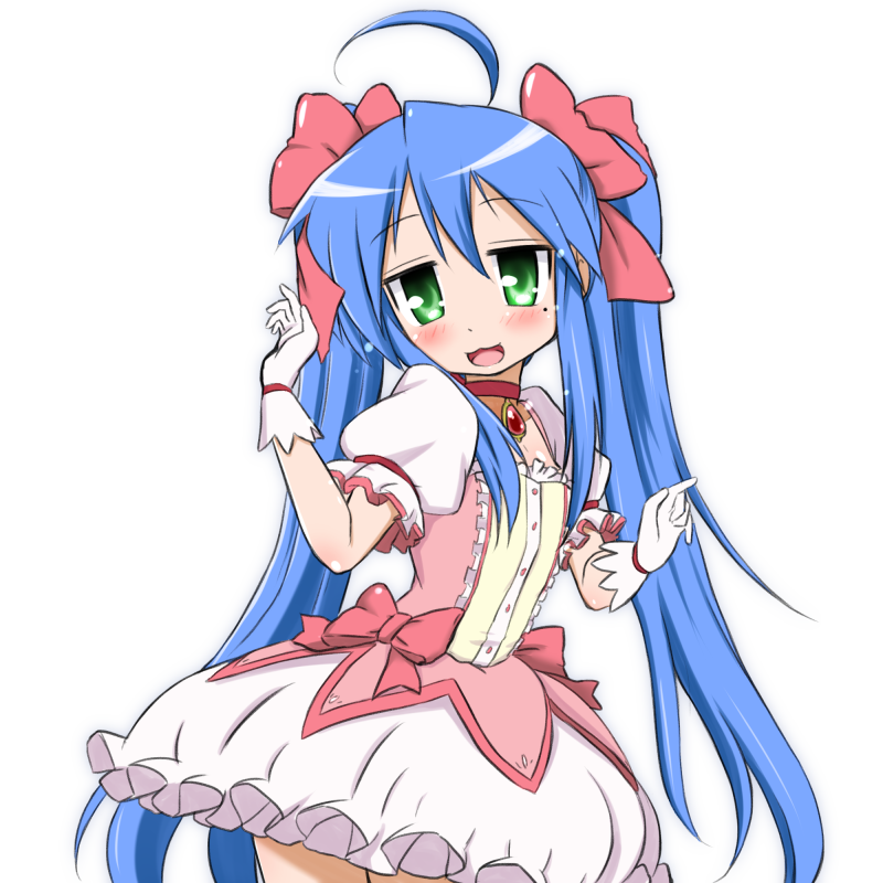 1girl, blue_hair, cosplay, gloves, green_eyes, izumi_konata, kaname_madoka, kaname_madoka_(cosplay)