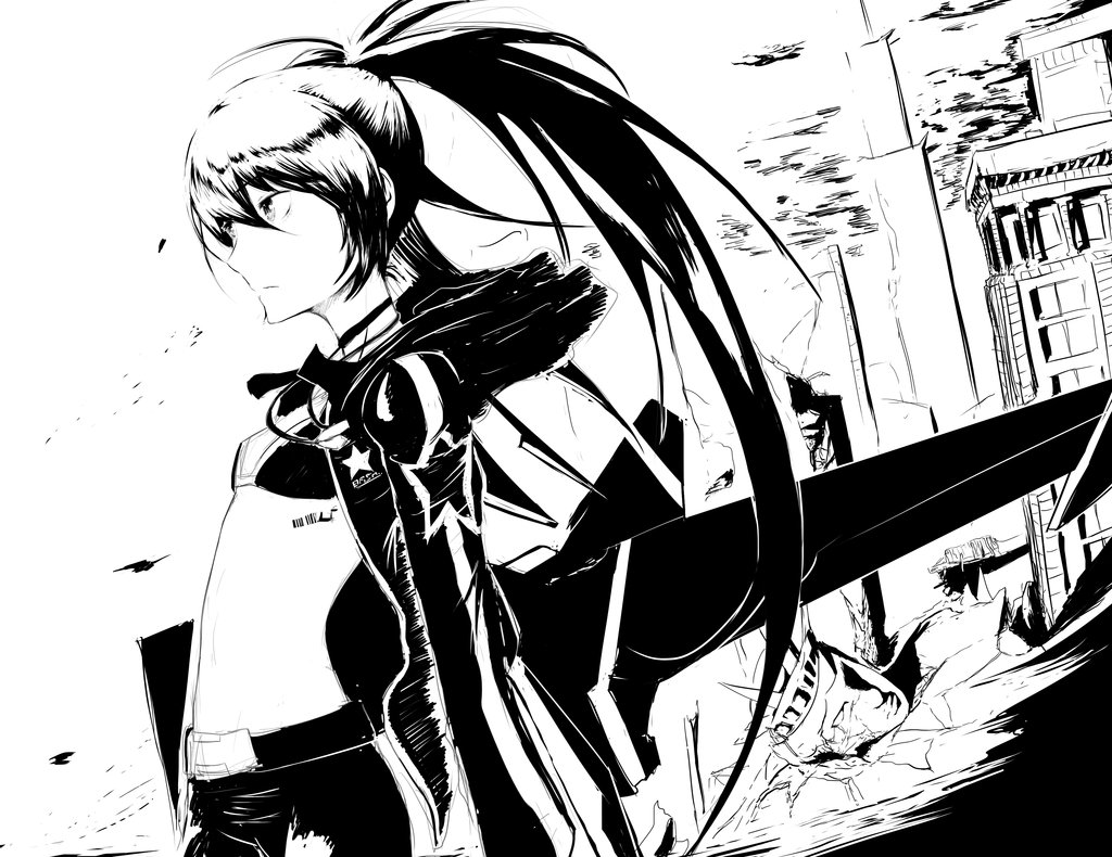 1girl, bikini_top, black_rock_shooter, black_rock_shooter_(character), ex-trident, flat_chest, hooded_jacket, monochrome