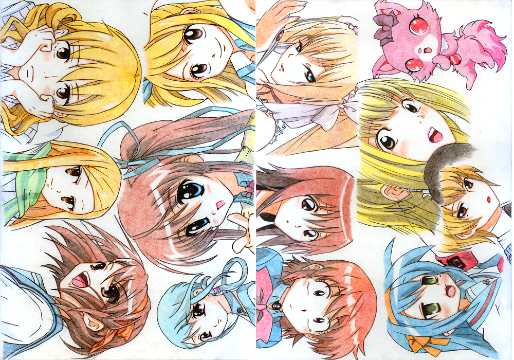 6+girls, akane-iro_ni_somaru_saka, akashi_kaoru, amane_misa, colored_pencil_(medium), death_note, ekaterina_kurae, fairy_tail