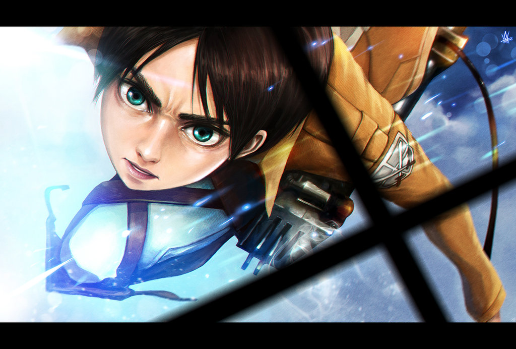 1boy, black_hair, cable, close-up, clouds, eren_jaeger, flight, foreshortening