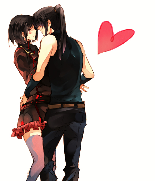 1boy, 1girl, belt, black_hair, blush, bob_cut, couple, d.gray-man