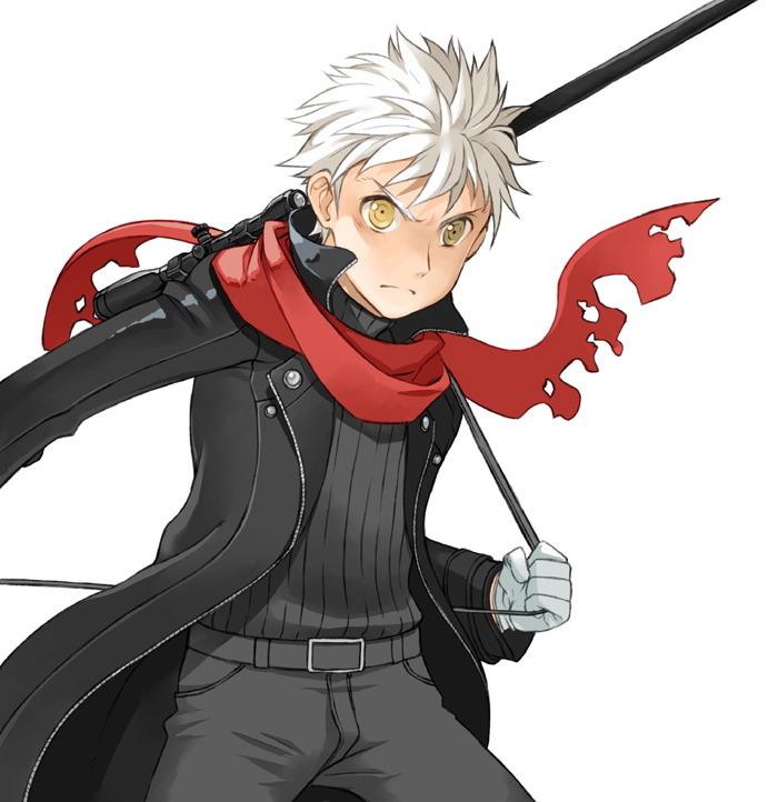 1boy, archer, atsu_takashi, emiya_shirou, fate/extra, fate/stay_night, fate_(series), gloves, gun, long_coat, scarf, solo, weapon, white_hair, yellow_eyes
