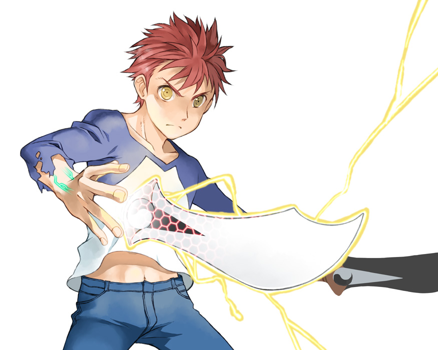 1boy, atsu_takashi, dual_wielding, electricity, emiya_shirou, fate/stay_night, fate_(series), kanshou_&amp;_bakuya, neon_trace, raglan_sleeves, redhead, sword, torn_clothes, torn_shirt, weapon, yellow_eyes