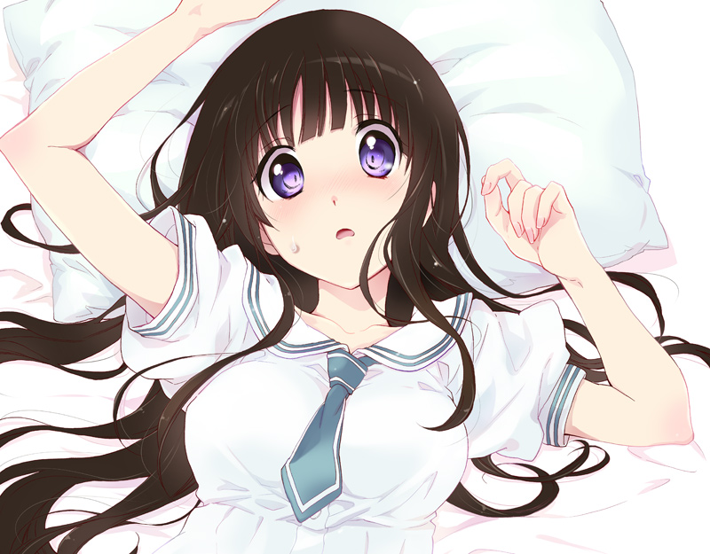 1girl, black_hair, chitanda_eru, hyouka, long_hair, lying, mei_(abliss), necktie