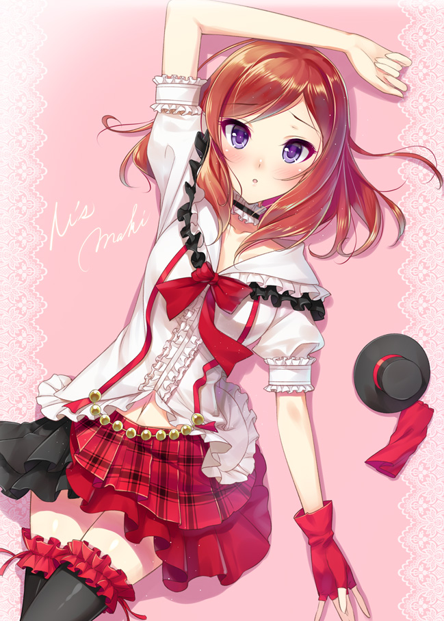 1girl, black_legwear, blush, fingerless_gloves, frilled_skirt, frills, gloves, hat, love_live!_school_idol_project, lying, mini_top_hat, mogami_noa, navel, nishikino_maki, on_back, open_mouth, redhead, school_uniform, short_hair, skirt, solo, thigh-highs, top_hat, violet_eyes