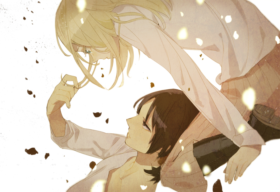 2girls, akua, boots, christa_renz, dutch_angle, freckles, hair_grab, lap_pillow, long_sleeves, looking_up, lying, multiple_girls, petals, pleated_skirt, profile, shingeki_no_kyojin, short_hair, side, skirt, white_background, ymir_(shingeki_no_kyojin)