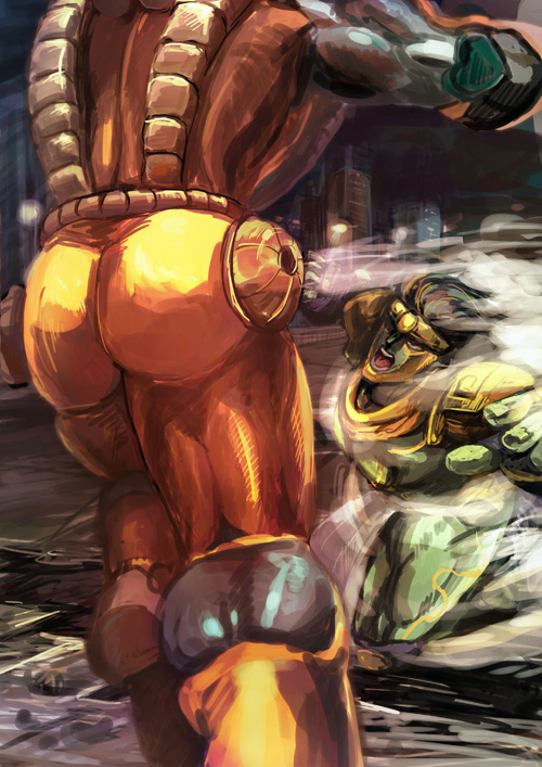 2boys, ass, black_hair, fighting, from_behind, jojo_no_kimyou_na_bouken, long_hair, multiple_boys