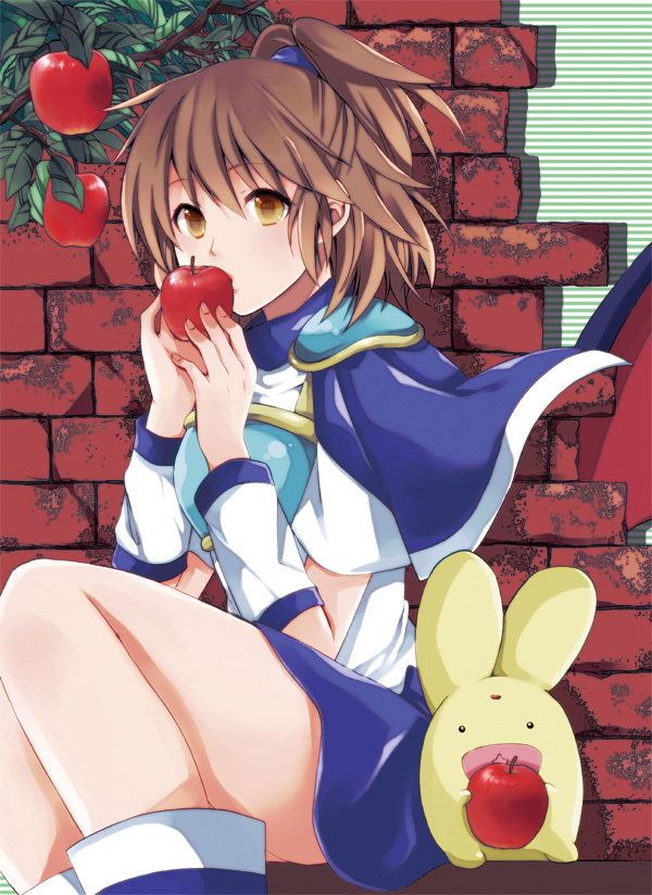 1girl, apple, arle_nadja, armor, armored_dress, brown_eyes, brown_hair, capelet
