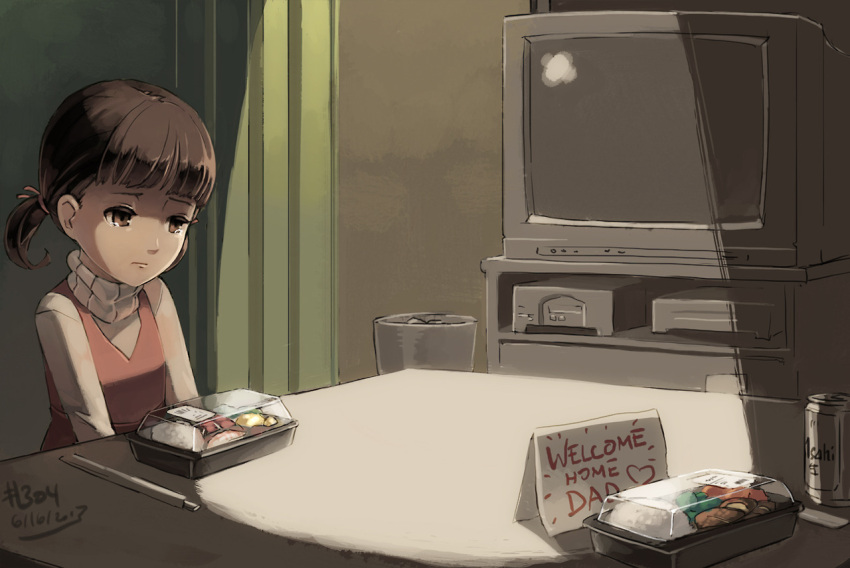 1girl, asahi_(beer), beer_can, brown_eyes, brown_hair, child, chopsticks, crying