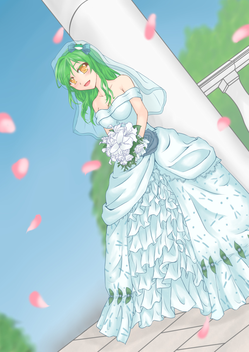 1girl, absurdres, alternate_costume, bare_shoulders, blue_sky, blush, bouquet, bow