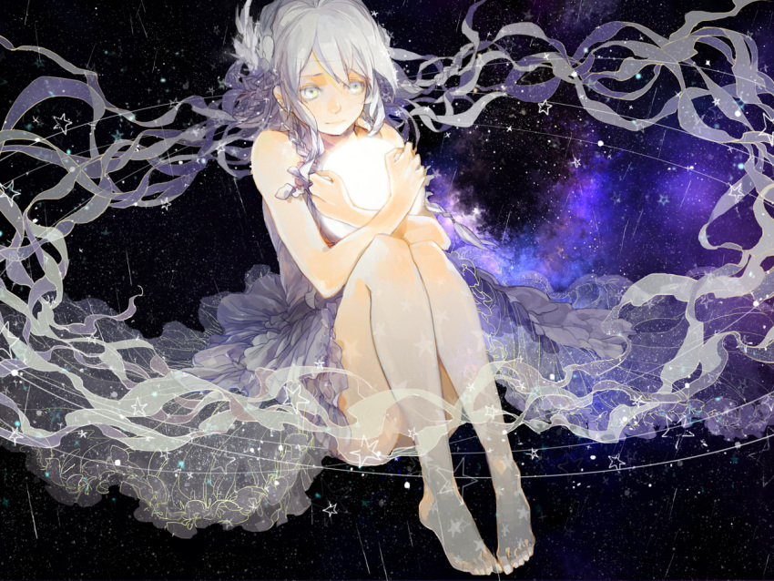 aocean, barefoot, braid, dress, glowing, original, silver_hair, star_(sky)