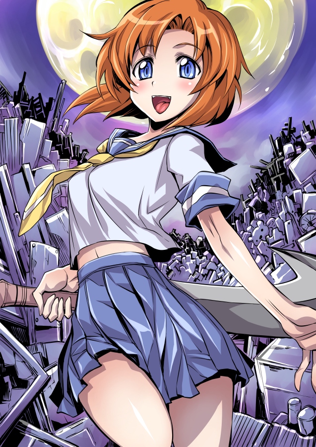 1girl, :d, billhook, blue_eyes, cowboy_shot, full_moon, higurashi_no_naku_koro_ni, junkyard