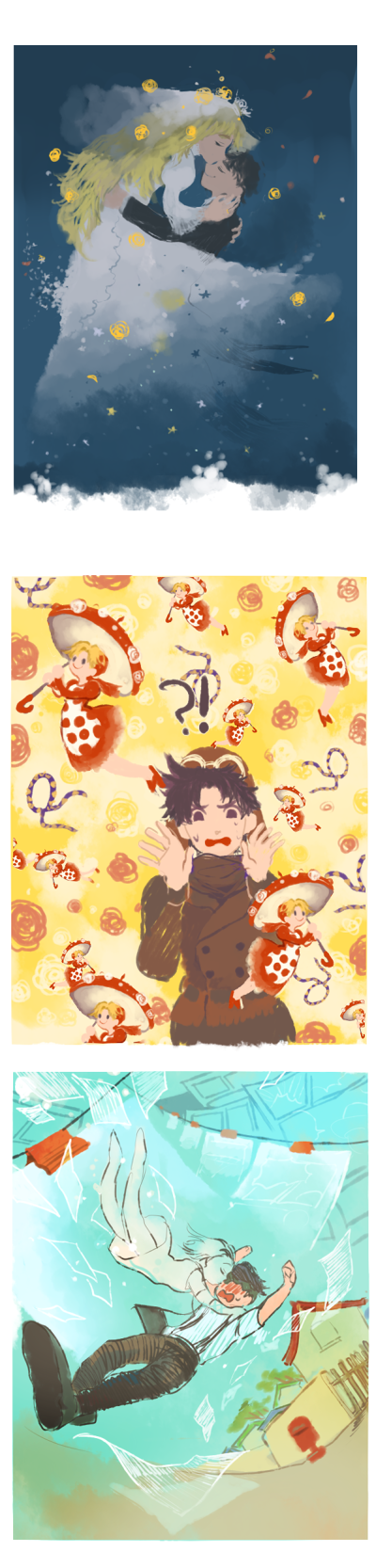 3boys, 3girls, aviator_cap, bridal_veil, couple, dress, erina_pendleton, ganjang, ghost, hetero, highres, husband_and_wife, jojo_no_kimyou_na_bouken, jonathan_joestar, joseph_joestar_(young), kishibe_rohan, long_image, multiple_boys, multiple_girls, paper, sugimoto_reimi, suzi_quatro, tall_image, too_many, tuxedo, umbrella, veil, wedding_dress