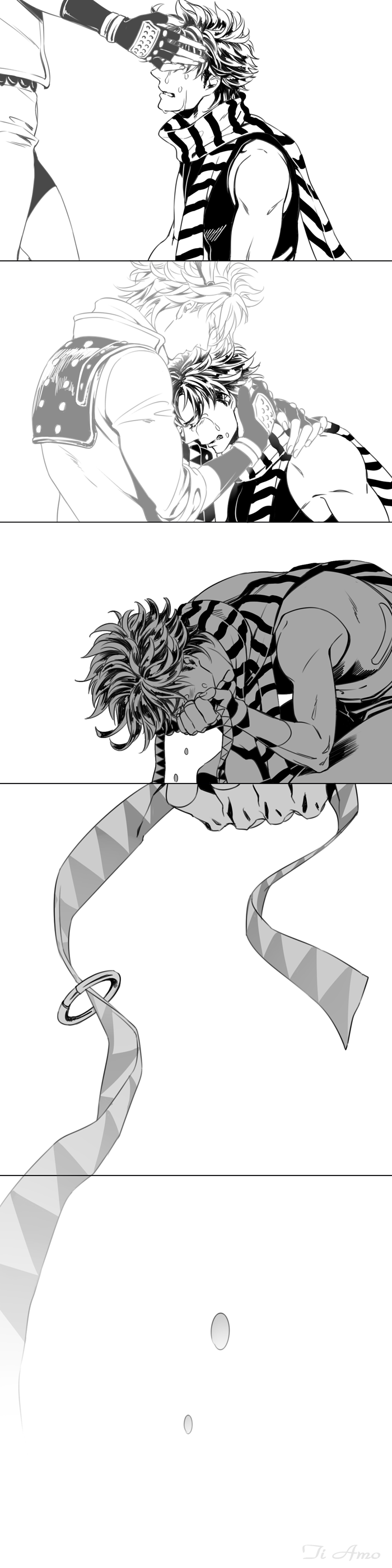 a_s_h_e_s, absurdres, caesar_anthonio_zeppeli, crying, fingerless_gloves, ghost, gloves, greyscale