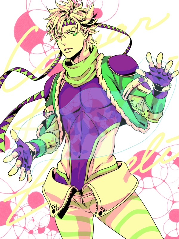 1boy, a_s_h_e_s, caesar_anthonio_zeppeli, facial_mark, feathers, fingerless_gloves, gloves, green_eyes