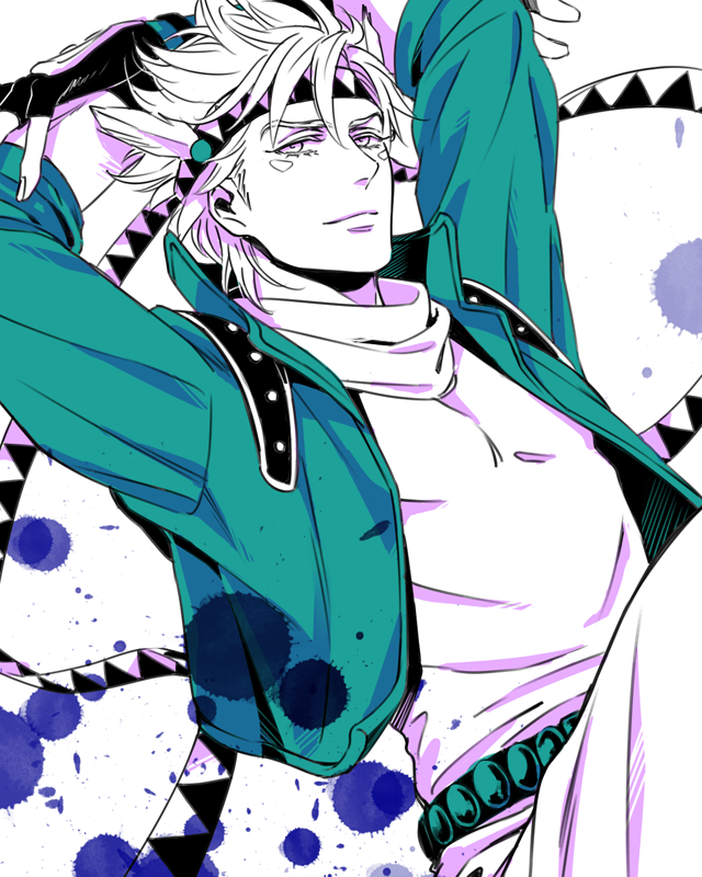 1boy, a_s_h_e_s, arms_behind_head, caesar_anthonio_zeppeli, facial_mark, feathers, fingerless_gloves, gloves
