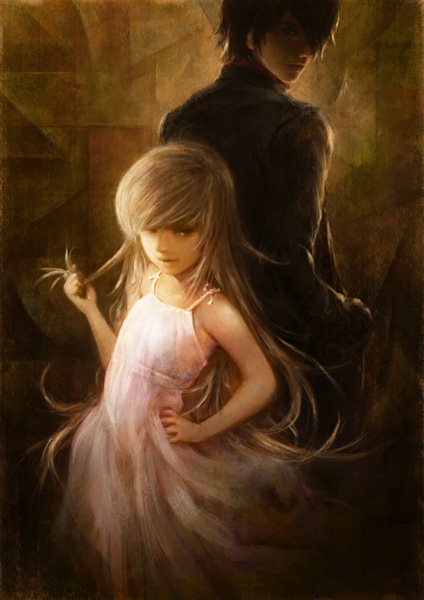 1boy, 1girl, araragi_koyomi, back-to-back, bakemonogatari, black_hair, blonde_hair, dress