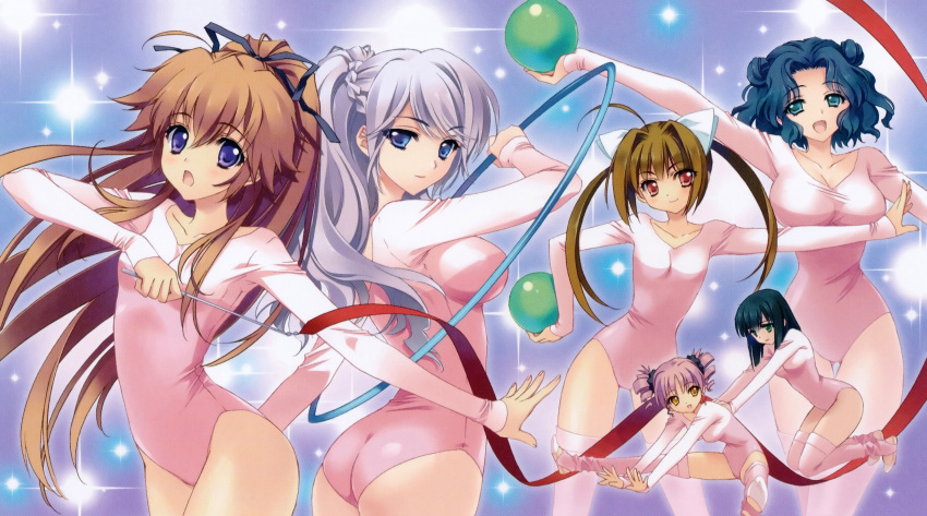 1boy, 5girls, :d, absurdres, ball, blue_hair, breasts, brown_hair, carnelian, drill_hair, exercise_ball, green_eyes, gymnastics, gymnastics_ribbon, hakuhouin_ryouko, highres, hoop, houjouji_mikoto, hula_hoop, kanzaki_mio, leotard, mix!, multiple_girls, open_mouth, pink_hair, purple_hair, rokujou_maaya, shishidou_nuko, smile, suwa_ranmaru, tagme, trap, twin_drills, violet_eyes