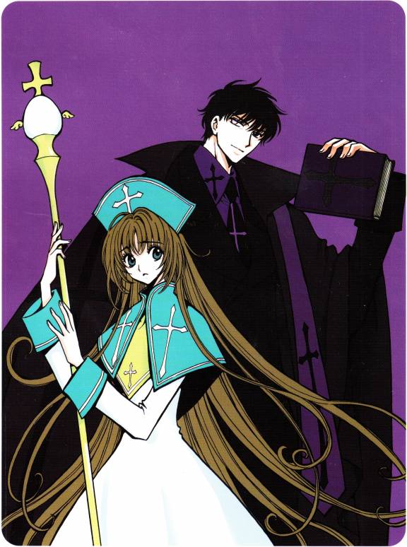 black_hair, blue_eyes, book, brown_hair, clamp, creator_connection, cross, crossover, long_hair, miyuki-chan, miyuki-chan_in_wonderland, necktie, official_art, one-eyed, pale_skin, sakurazuka_seishirou, sakurazukamori_seishirou, scepter, short_hair, simple_background, very_long_hair, wand, x_(manga)
