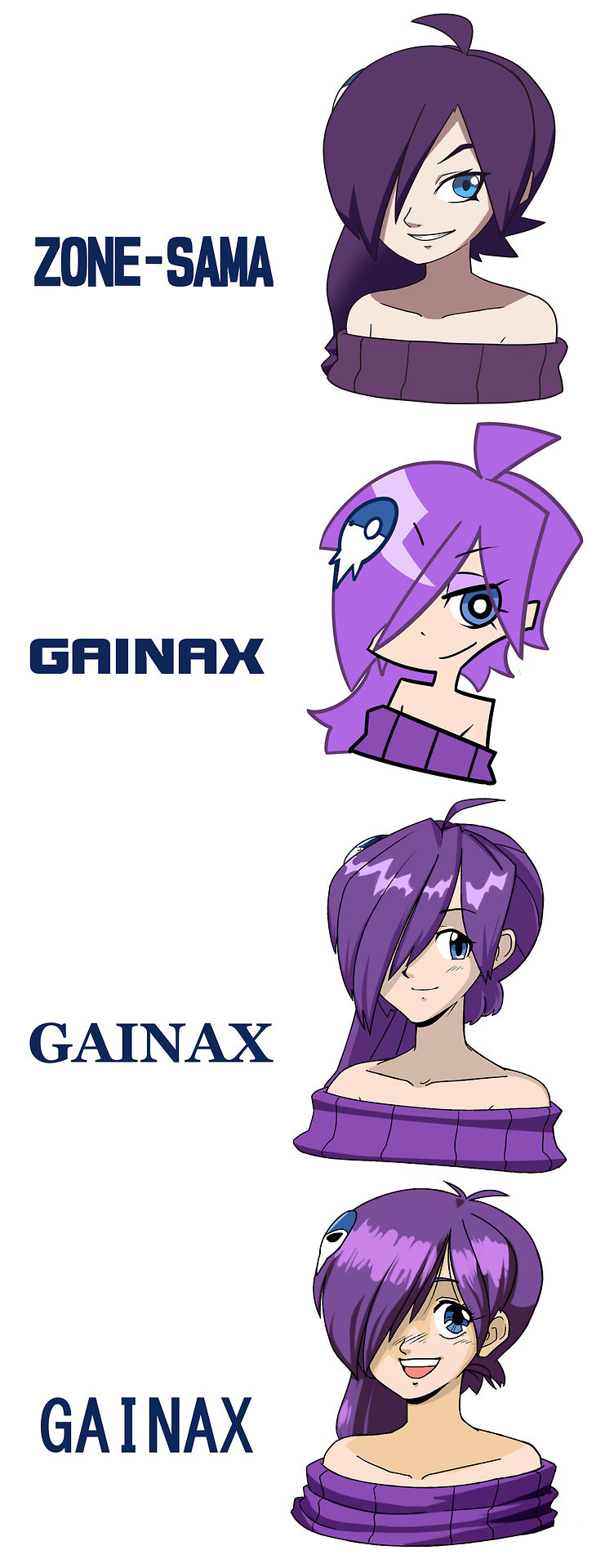 1girl, 80s, ahoge, bare_shoulders, blue_eyes, bust, gainax, hair_ornament