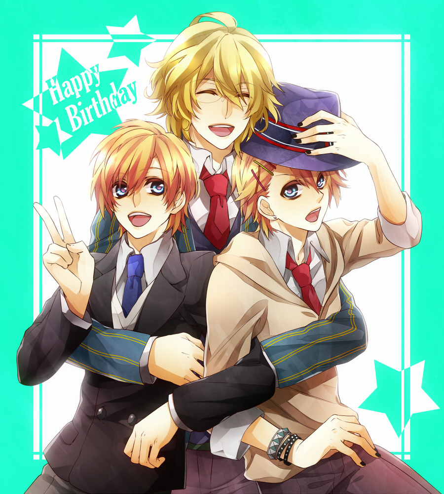 3boys, birthday, blonde_hair, blue_eyes, closed_eyes, glasses, hair_ornament, hairclip