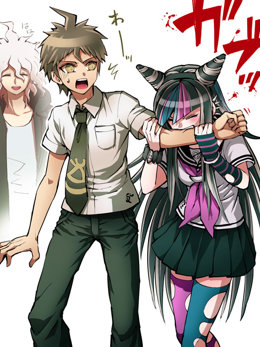 1girl, 2boys, ahoge, arm_warmers, biting, brown_eyes, brown_hair, closed_eyes