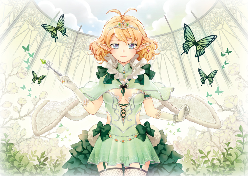 1girl, azure090, blonde_hair, blue_eyes, butterfly, cape, crown, dress