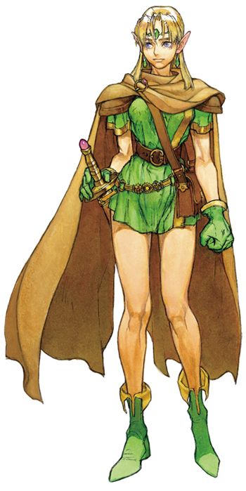 1girl, artist_request, bag, bare_legs, belt, blonde_hair, boots, breasts
