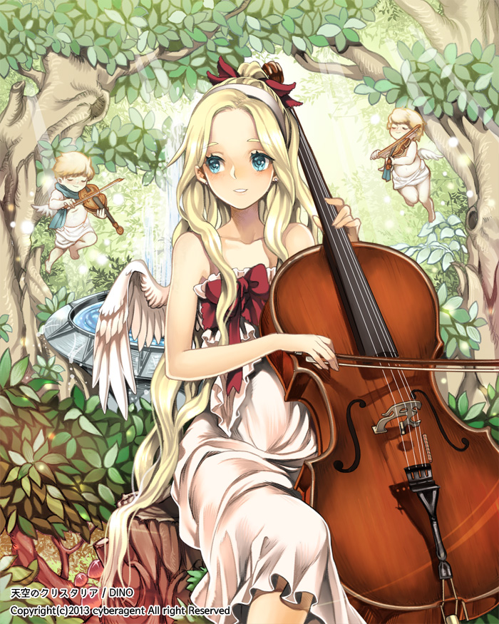 1girl, angel, blonde_hair, blue_eyes, cello, dino_(trexsilence), dress, hair_ribbon