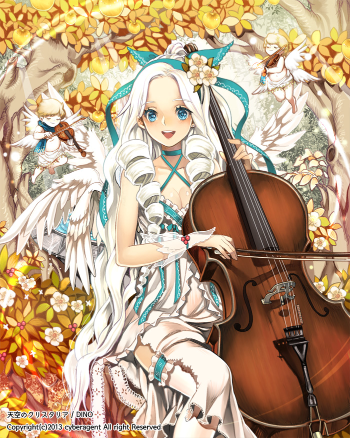 1girl, angel, blue_eyes, cello, dino_(trexsilence), dress, drill_hair, flower