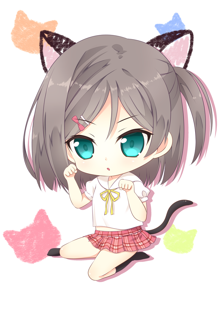 1girl, animal_ears, blue_eyes, cat_ears, chibi, hentai_ouji_to_warawanai_neko, long_hair, nio-nyan, paw_pose, school_uniform, short_hair, side_ponytail, tail, tsutsukakushi_tsukiko