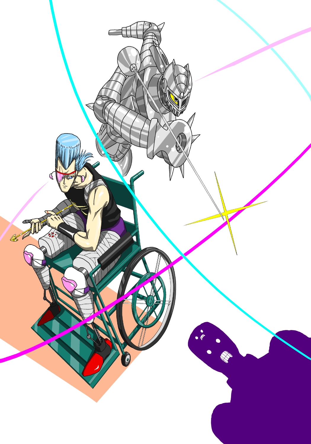 amputee, arrow, blood, eyepatch, from_above, gattsu_(193159), highres, jean_pierre_polnareff