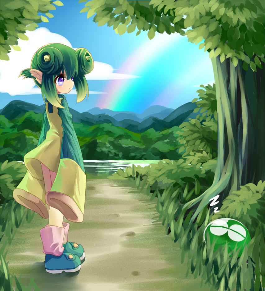 1girl, blob, double_bun, green_hair, horns, miniskirt, pointy_ears, puyo_(puyopuyo)