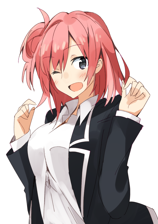 blush, exion_(neon), grey_eyes, hair_bun, pink_hair, school_uniform, simple_background, wink
