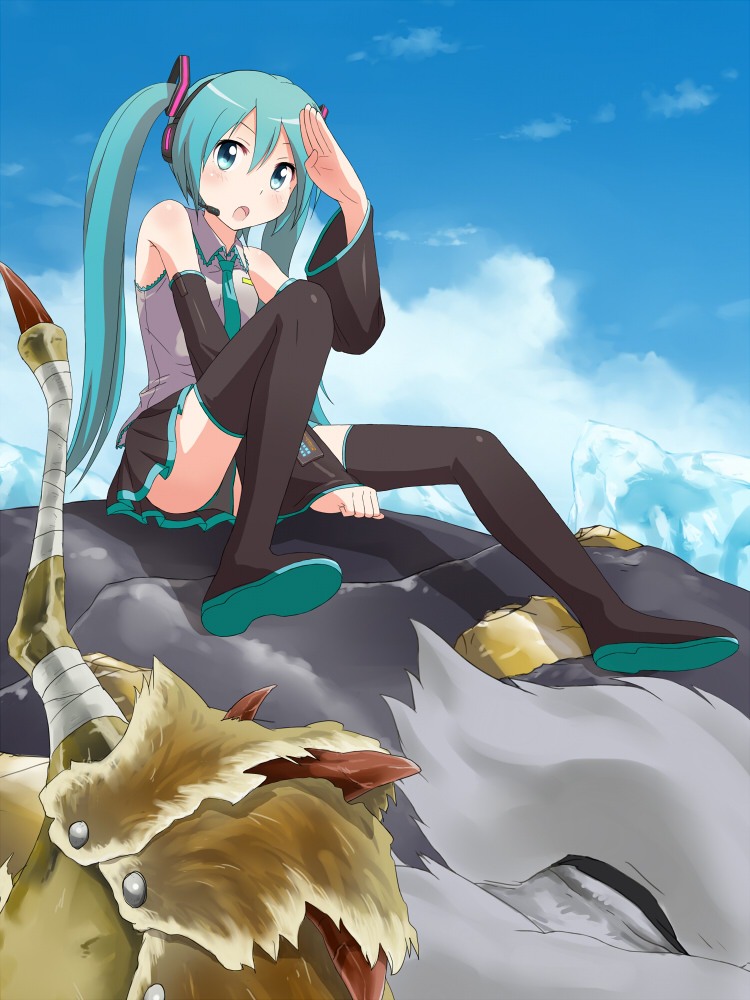 1girl, aqua_eyes, aqua_hair, boots, detached_sleeves, hatsune_miku, headset, kita_(pixiv61555), necktie, open_mouth, salute, sitting, skirt, sky, solo, thigh_boots, thighhighs, twintails, upskirt, vocaloid