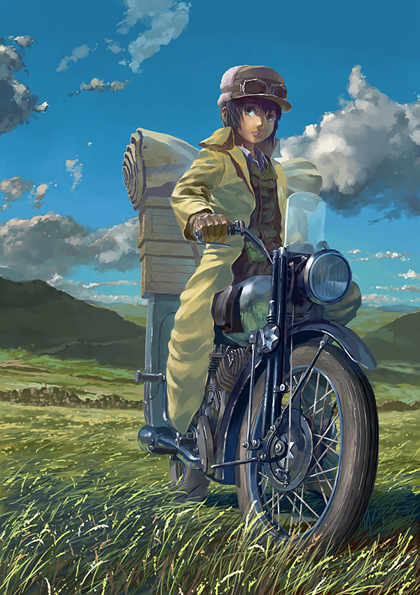 cloud, clouds, coat, gloves, grass, hat, hermes, kino
