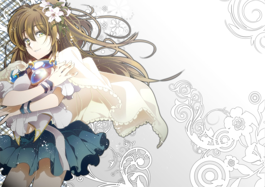 1girl, arle_nadja, brown_hair, capelet, flower, frills, hair_flower, hair_ornament
