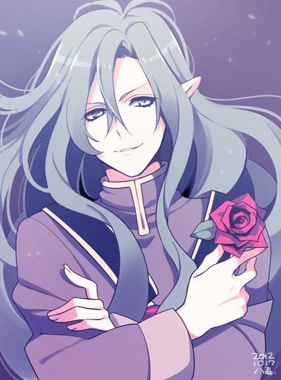 1boy, 2012, dated, flower, grey_eyes, grey_hair, incubus_(puyopuyo), long_hair