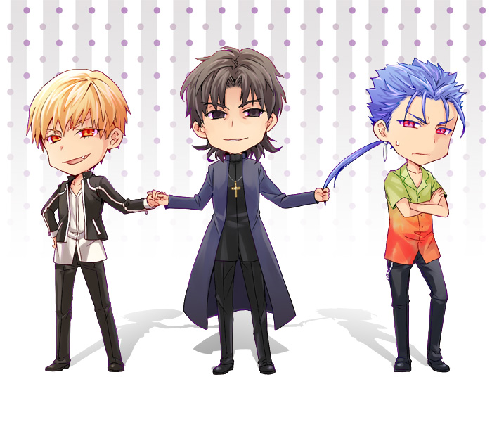 3boys, black_hair, blonde_hair, blue_hair, brown_eyes, brown_hair, chibi, cross