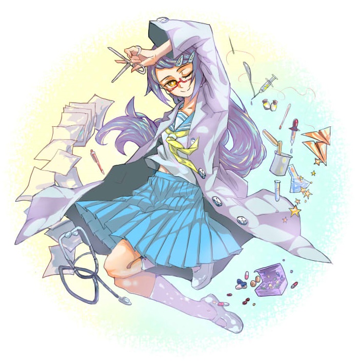 1girl, dropper, glasses, medicine, medicine_dropper, original, paper_airplane, papers