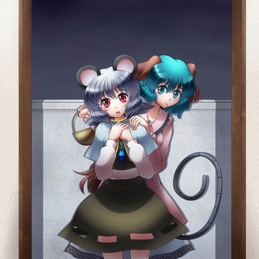 2girls, absurdres, animal_ears, basket, blush, capelet, dress, eating