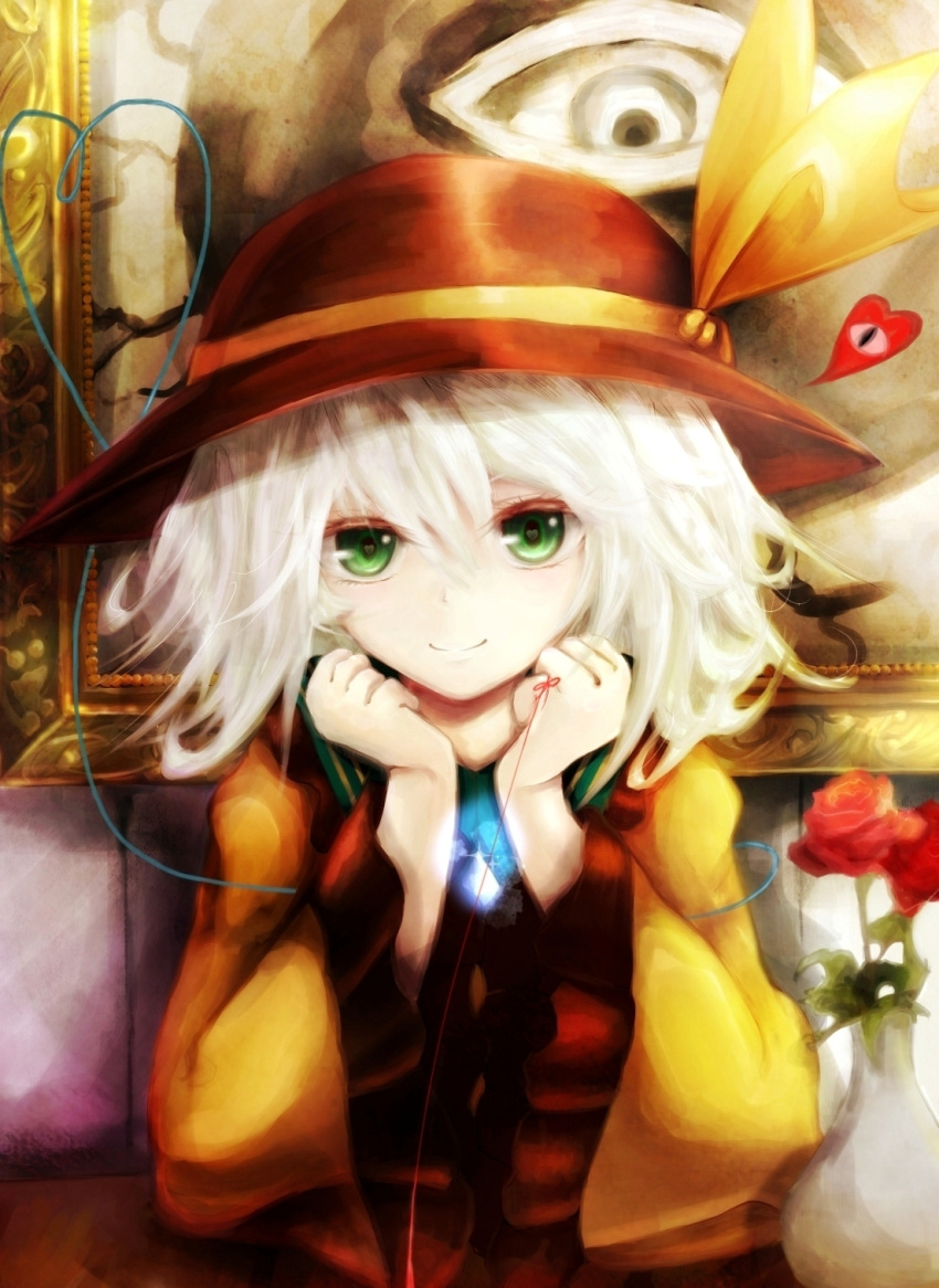1girl, basilis9, eyeball, flower, green_eyes, hat, hat_ribbon, heart