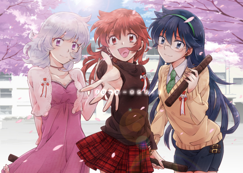 3girls, akashi_kaoru, black_hair, blue_eyes, blush, buckle, cherry_blossoms, choker