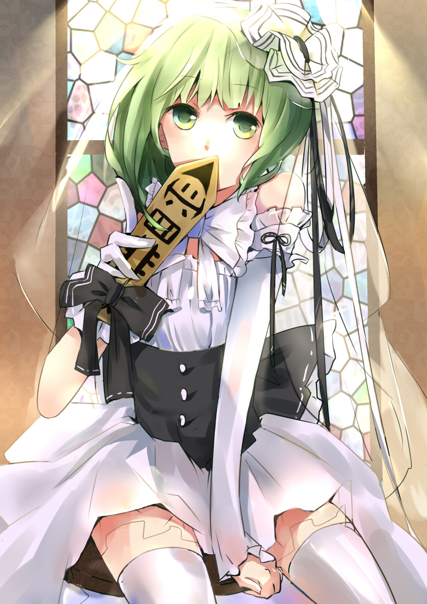 1girl, absurdres, asymmetrical_hair, benghuai_7, detached_sleeve, dress, gloves, green_eyes