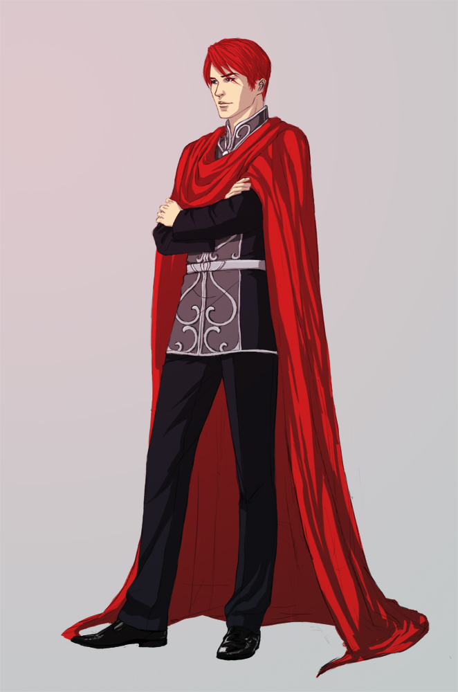 1boy, aerlin, alternate_hairstyle, cape, crossed_arms, formal, ginga_eiyuu_densetsu, military, military_uniform, redhead, short_hair, siegfried_kircheis, solo, uniform