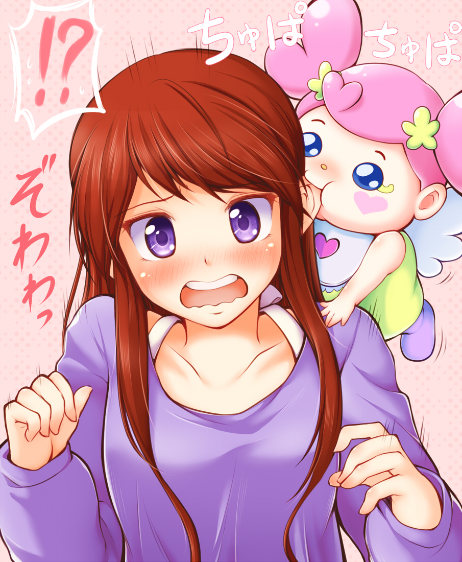 2girls, ai-chan_(dokidoki!_precure), aikatsu!, arakawa_tarou, baby, biting, brown_hair, crossover